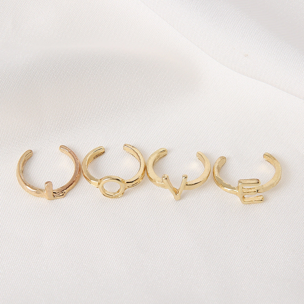 Gold Letter Ring Set Four Pieces For Women Electroplated Alloy Fashion Jewelry Gift Elegant Accessory For Her
