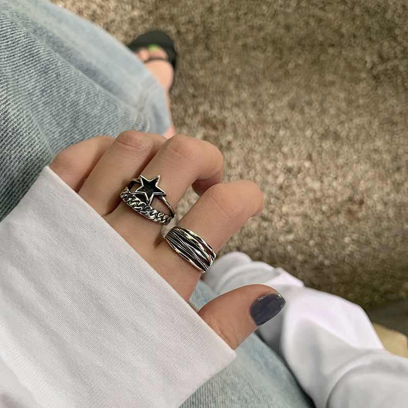 Vintage Silver Plated Five Pointed Star Ring Adjustable Opening Retro Old Processing Technique Star Chain Ring
