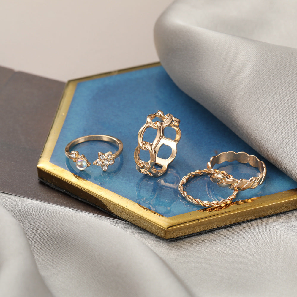 Womens Golden Alloy Ring Set With Rhinestones Heart Shaped Twist Design 4 Piece Jewelry Set Collection Gift For Her