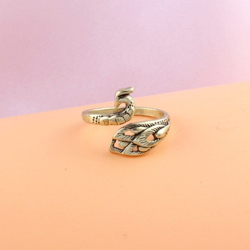 Vintage Unisex Animal Zodiac Ring In Plain Silver Peacock Design Jewelry Gift For Him With Adjustable Fit Gift