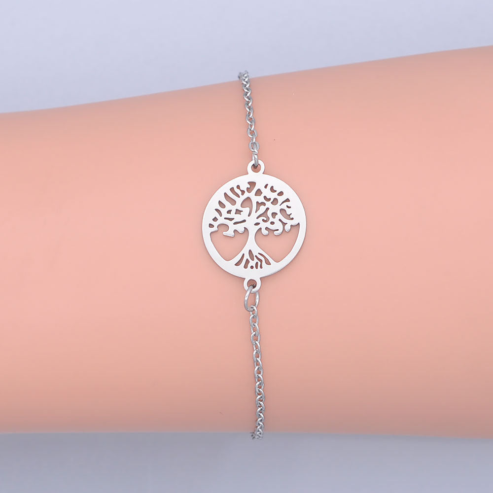 Tree of Life Pendant Bracelet Titanium Steel Electroplated Geometric Hollow Charm on a Delicate Chain for Women