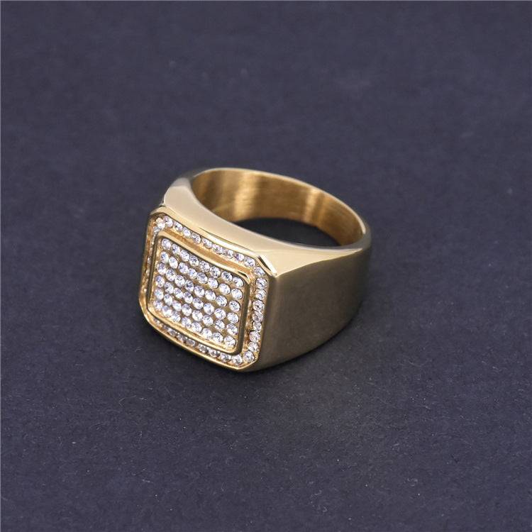 Gold Color Stainless Steel Ring With Rhinestone Square Design Retro Titanium Steel Polished Band Ring For Women And