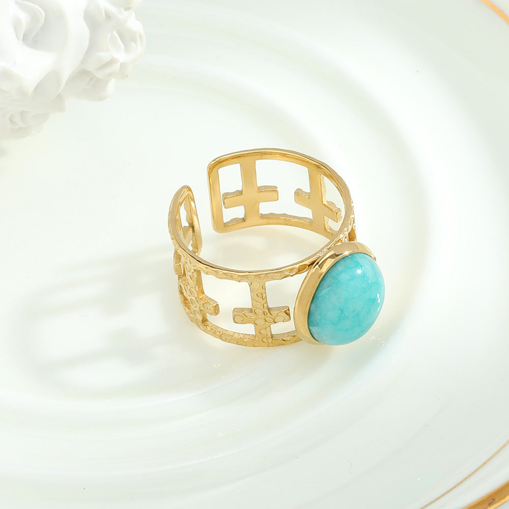 Womens Stainless Steel Ring With Natural Stone Inlaid Adjustable Geometric Hollow Design Gold Tone Accessories