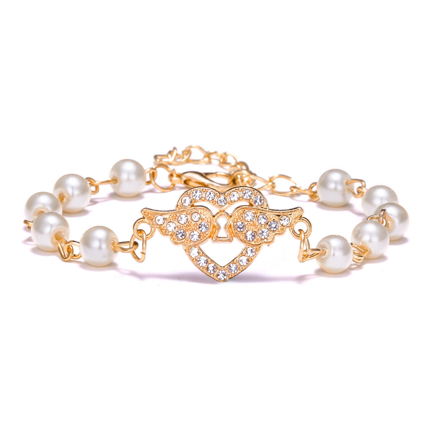 Womens Alloy Rhinestone Pearl Bracelet Geometric Heart