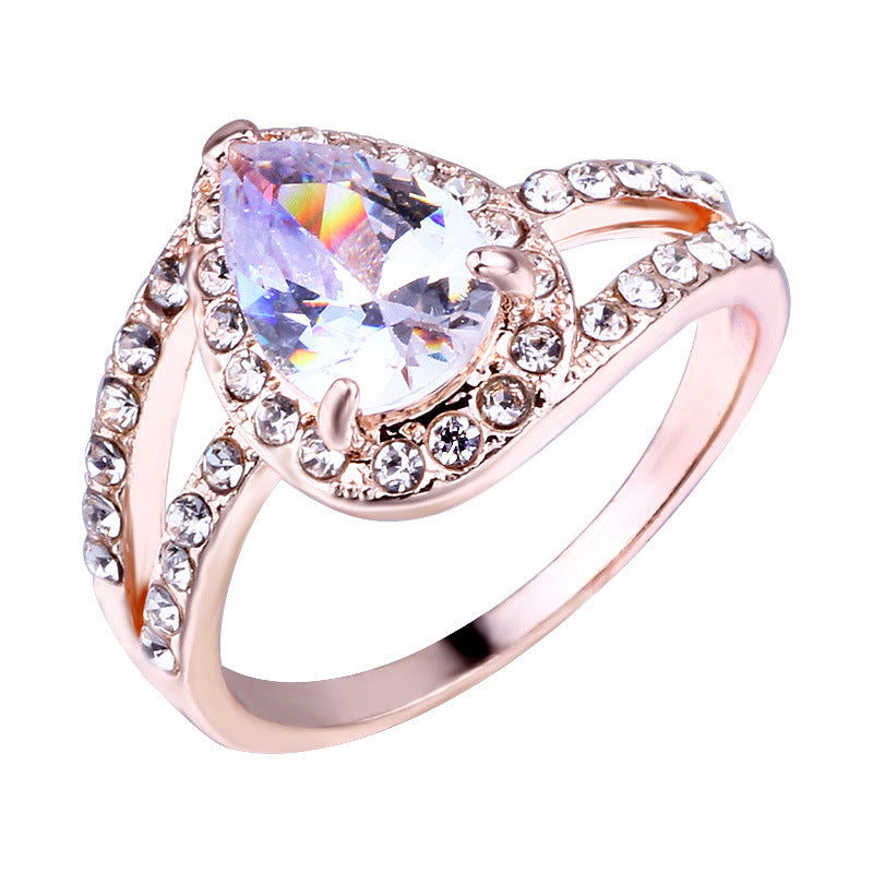 Womens Gold Plated Alloy Ring With Zircon Gleaming Drops For Her Elegant Drop Shape Finger Ring Gift For Everyday Wears