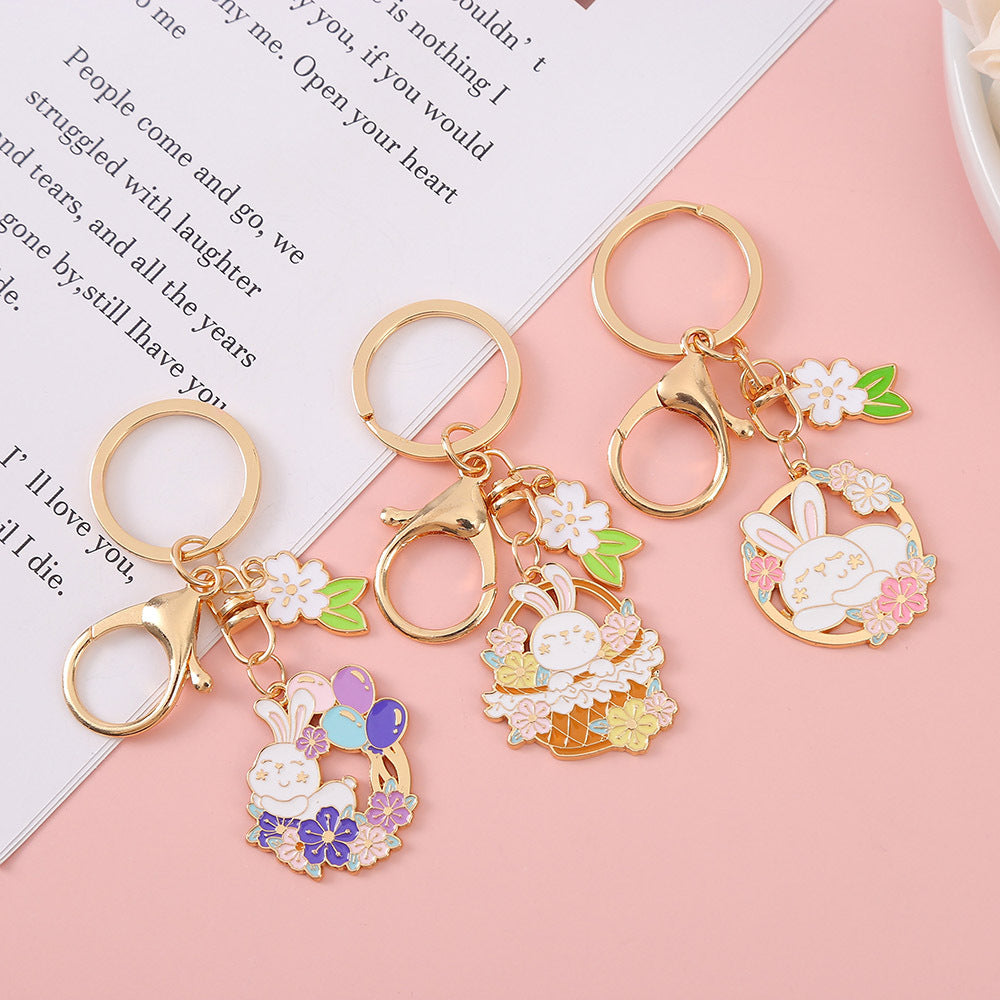 Rabbit Keychain Cartoon Keyring With Cherry Blossom Decoration Flower And Leaf Design Alloy Key Trendy Keyring