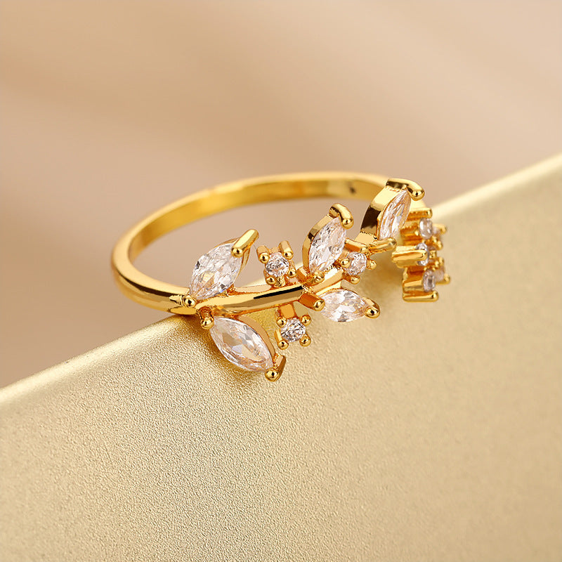 Adjustable Stainless Steel Ring Gold Flower Branch Leaf Design Elegant Durable Jewelry For Everyday Wear And Occasions