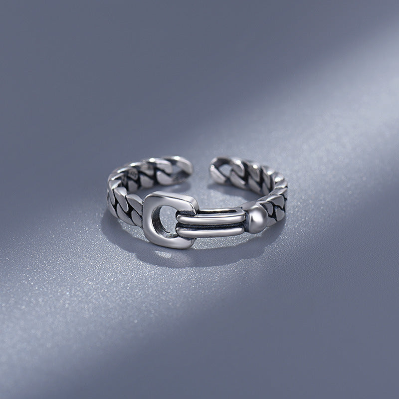 Sterling Silver Geometric Ring Adjustable Open Design Unisex Ring Electroplated Finish Vertebrae Twine Detailing Unique