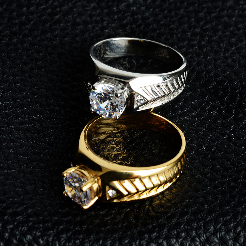 Unisex Stainless Steel Ring with Twill Inlay and Zircon Accent Ethnic U Shape Band Stainless Steel Jewelry Ring Gift for Men or Women