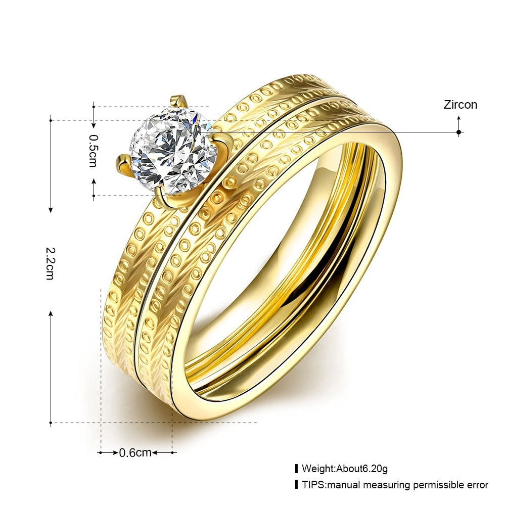 Womens Double Layer Stainless Steel RingSet Detachable Gold Tone Diamond Accented Fashion Jewelry Gift For Her