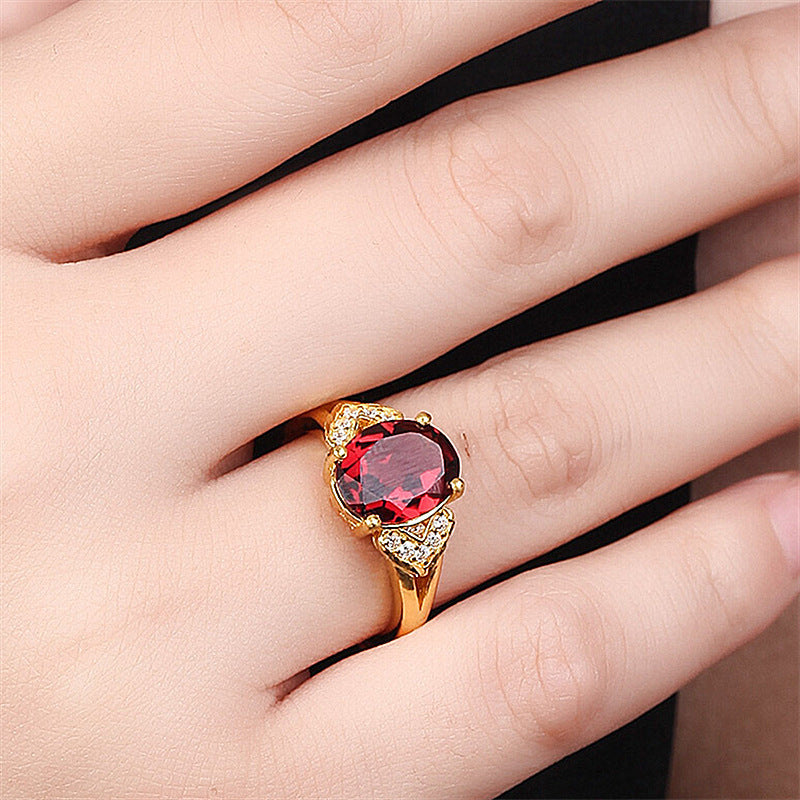 Gold Plated Garnet Ring Adjustable For Women Elegant Statement Fashion Jewelry Ring Durable Copper Design Size