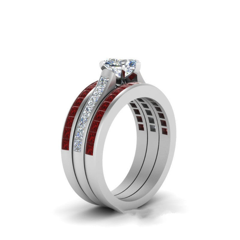 Womens Heart Shaped Three Layer Ring Fashion Jewelry Diamond Simulant Accent Red Ruby Metal Ring For Elegance Style