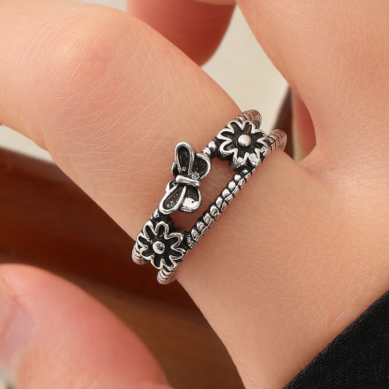 Unisex Open Ring Vintage Flower Electroplated Alloy Adjustable Split Ring Rose And Flower Geometric Shape Design