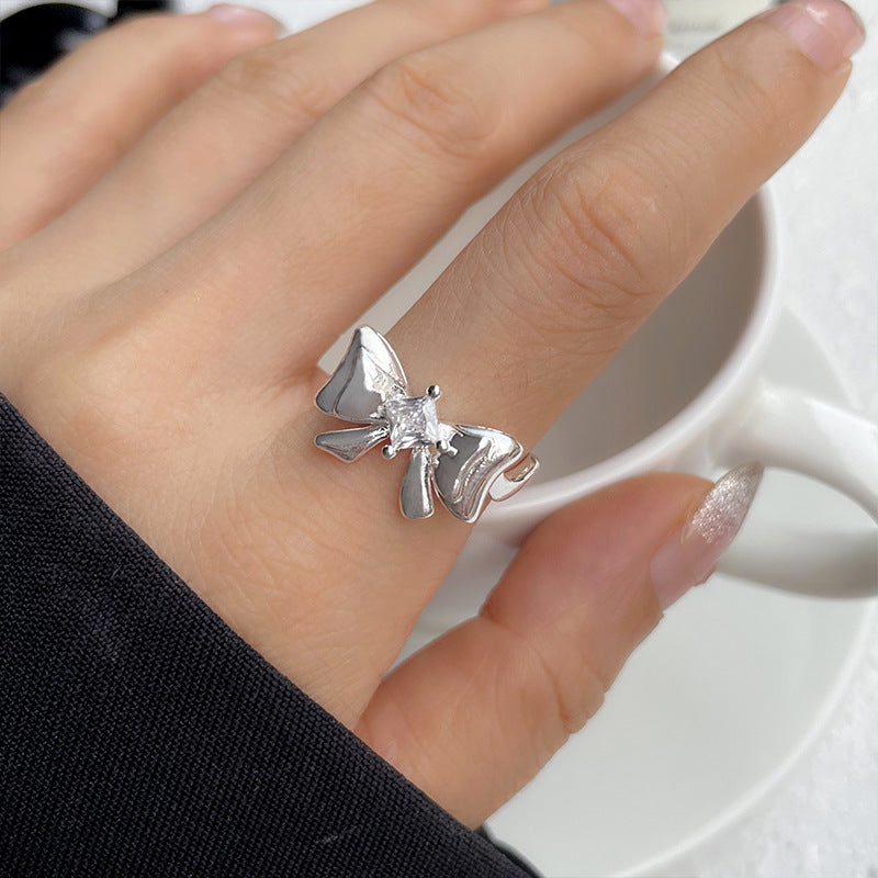 Girls Bow Ring 925 Sterling Silver Zircon Inlaid Adjustable Open Ring Gift For Birthday Everyday Jewelry For Girls