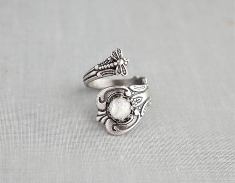 Dragonfly Ring Adjustable Alloy Ring With White Gem Inlay Electroplated Silver Finish Unisex Style Jewelry New