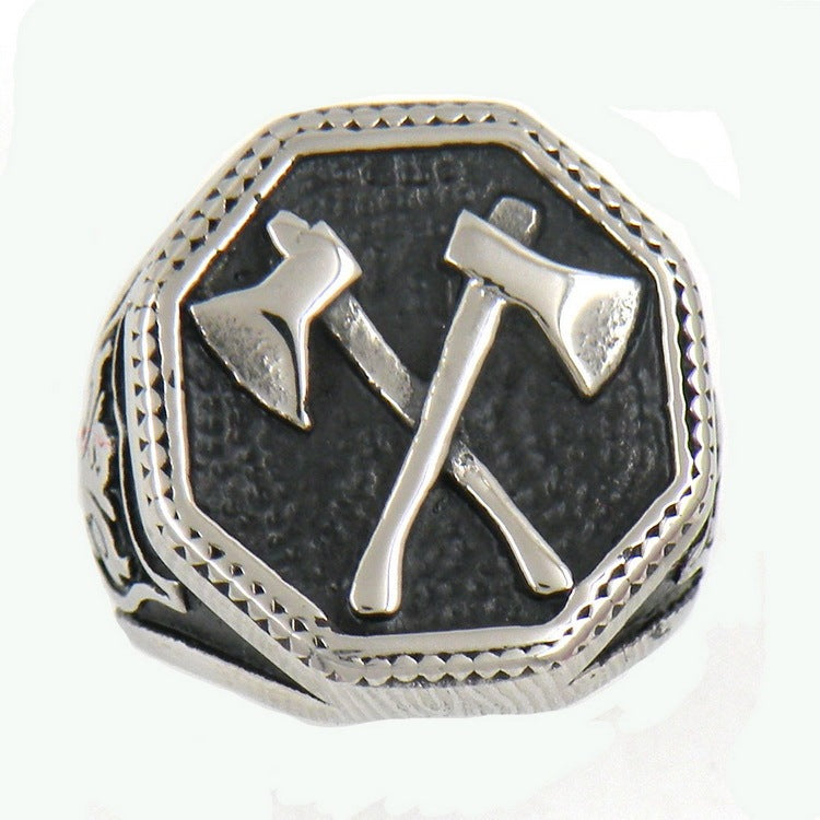 Unisex Stainless Steel Ring Viking Warrior Double Axe and Cross Design Band Steel Color Ring