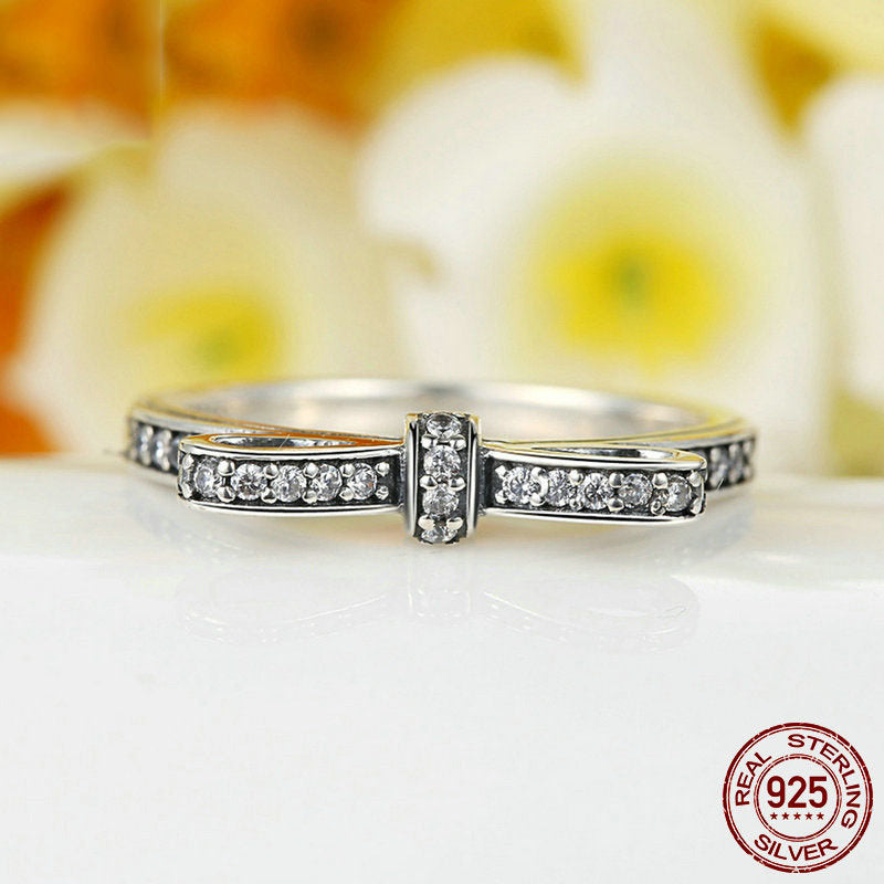 Bowknot Diamond Ring In Sterling Silver Alloy With Inlaid Gemstones Unisex Fashion Jewelry Gift For Occasions