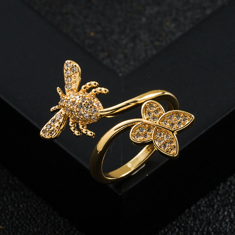 Copper Gold Plated Micro Zircon Bee Ring Unisex Adjustable Opening Geometric Style Jewelry for Daily Wear Vibe
