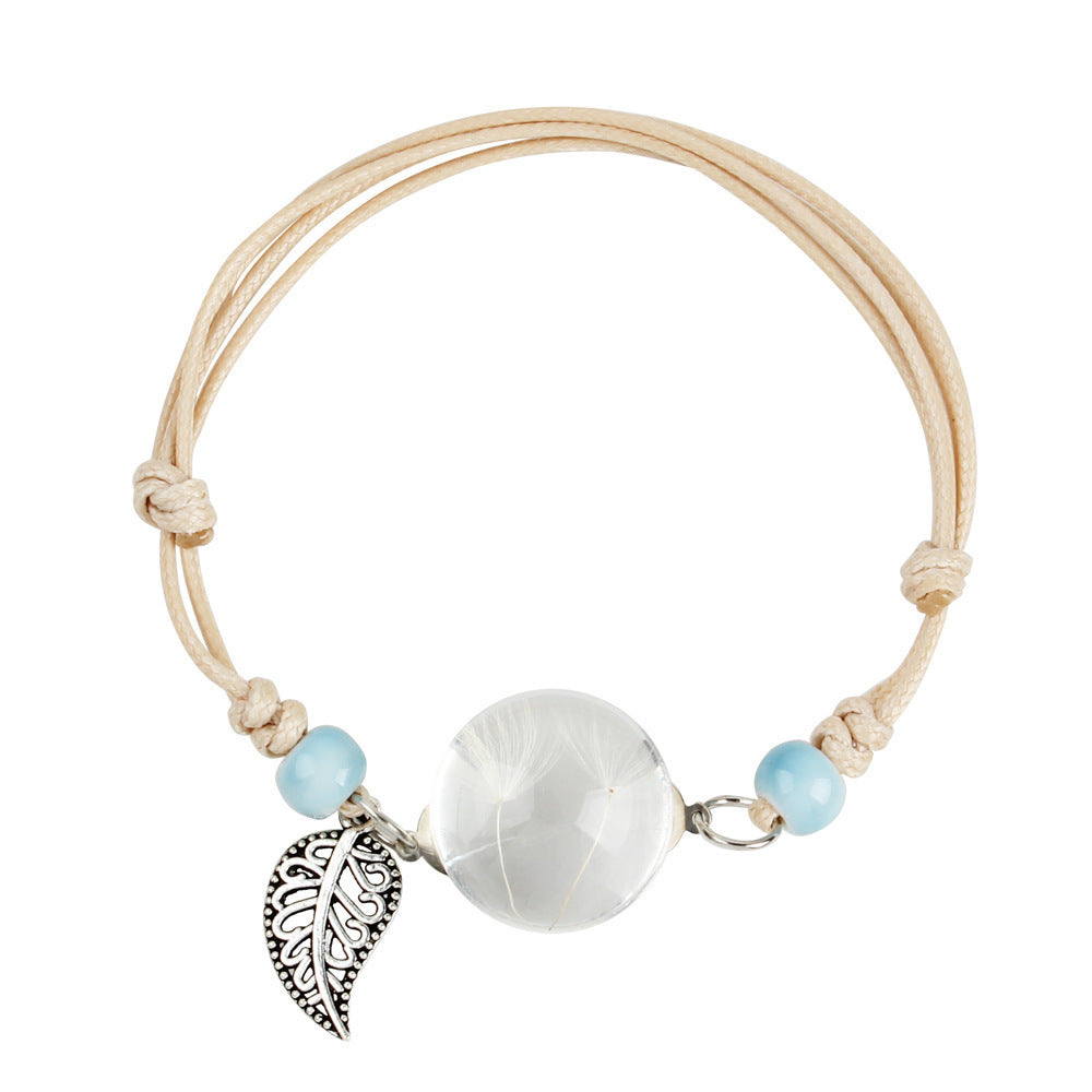 Womens Dried Flower Bracelet With Glass Ball Korean Leaf Design Alloy Herbarium Dandelion Clover Charm Elegant