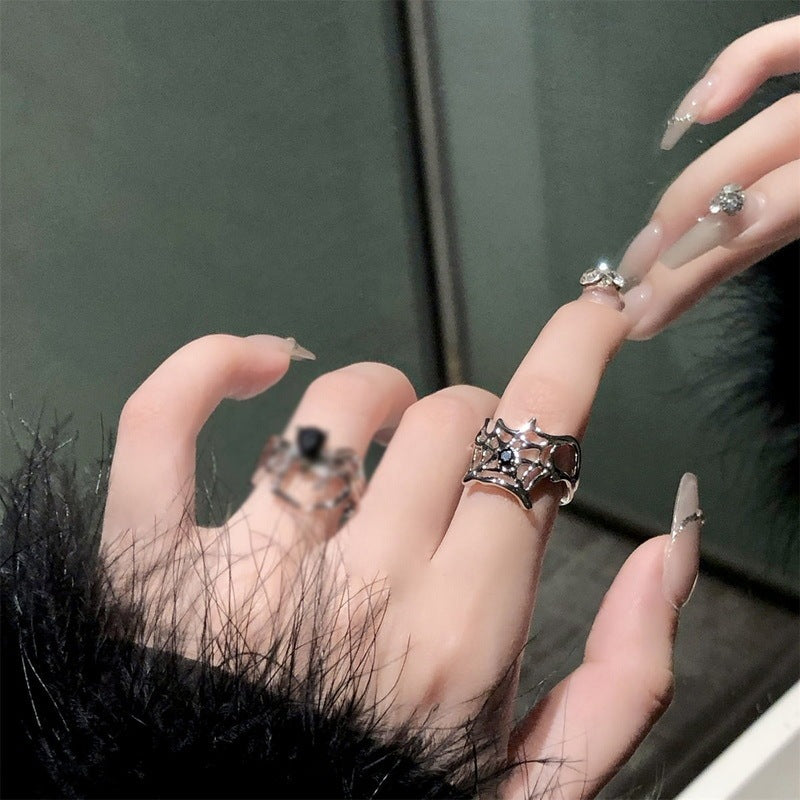 Unisex Adjustable Ring Dark Gem Diamond Spider Web Design Alloy Zodiac Ring for Women and Girls Elegant Everyday Wear