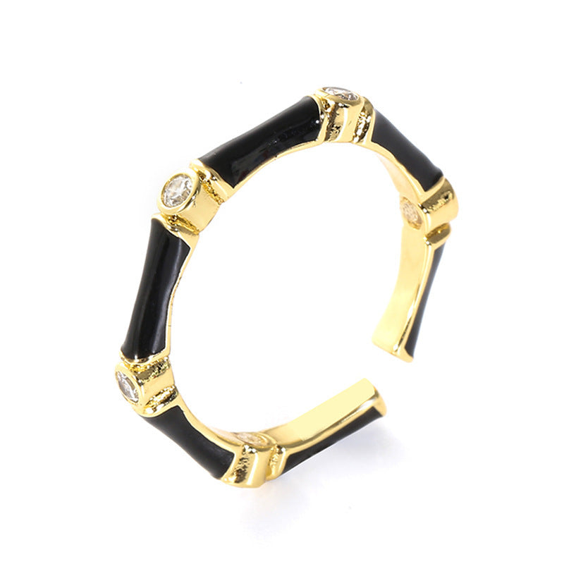 Womens Ring Zircon Set Drip Oil Copper Bamboo Design Adjustable Fashion Accessory Durable Statement Piece Size