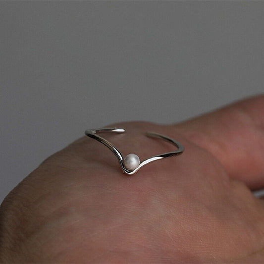 Womens Elegant Pearl Ring Adjustable Copper V Shaped Geometric Design Chic Jewelry For Women And Girls Timeless Style