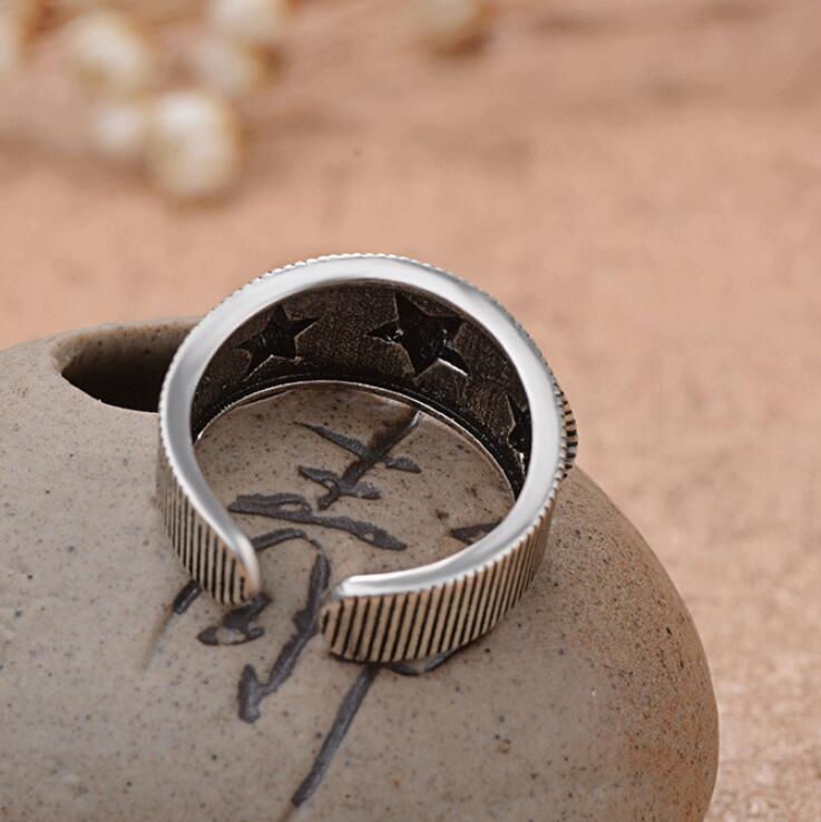 Unisex Adjustable Copper Geometric Five Pointed Star Ring Vintage Opening Band Size Thai Silver Finish Vintage
