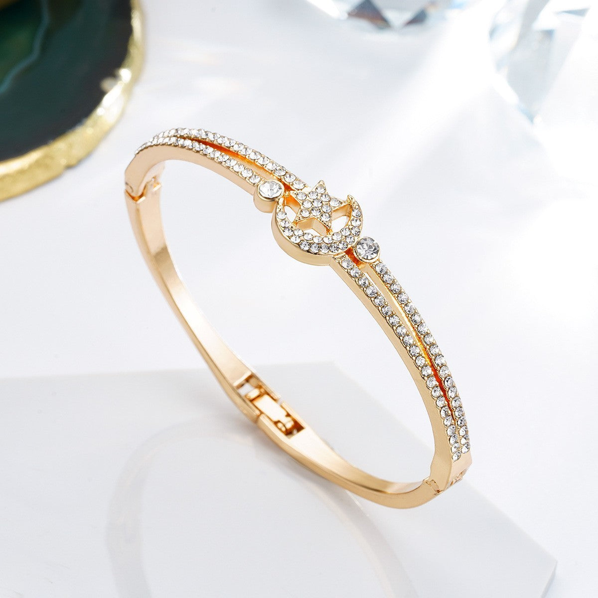 Celestial Moon Star Rhinestone Bracelet Alloy Jewelry Gift For Women And Girls Sparkling Accessory Gold Silver Gold