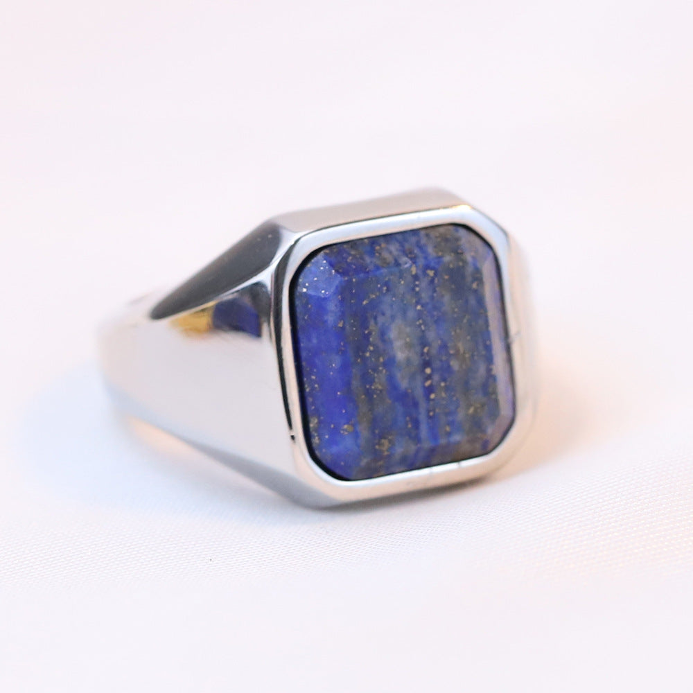 Unisex Titanium Steel Ring with Geometric Square Lapis Inlay Retro Stainless Steel Statement Ring Gift for Him or Her Fashion Jewelry Accessories