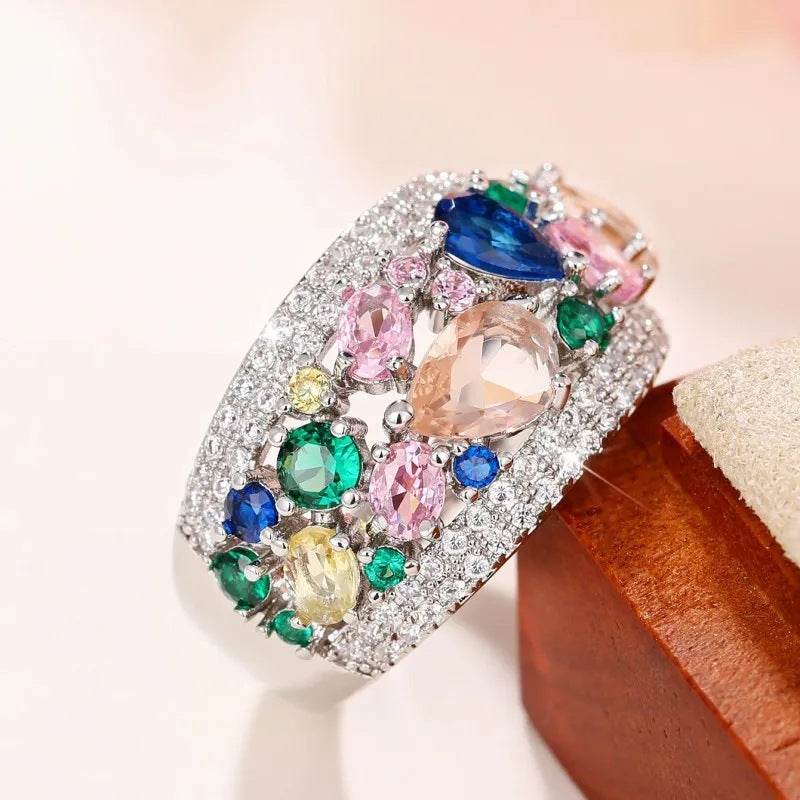 Women Rainbow Water Drop Ring Inlaid Zircon Copper Geometric Elegant Statement Jewelry For Daily Wear Sparkle Finish