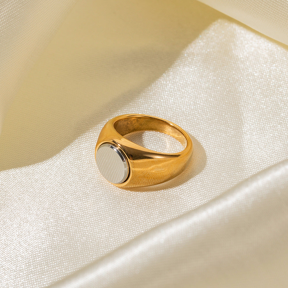 Womens Gold Plated Ring Stainless Steel Band White Shell Inlay Geometric Design Jewelry Gift For Her Gift Idea