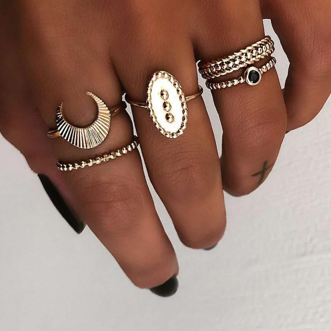 Womens Ring Set Moon Star Design Gold And Silver Alloy Jewelry For Women And Girls European Style Everyday Use
