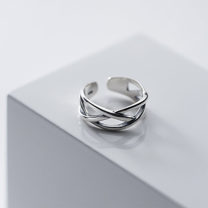Adjustable Sterling Silver Ring Vintage Cross Line Design