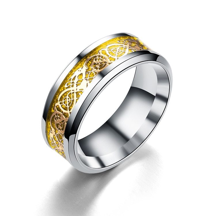 Mens Ring Stainless Steel Band With Geometric Dragon Design Silver Gold Finish Statement Ring Jewelry Everyday