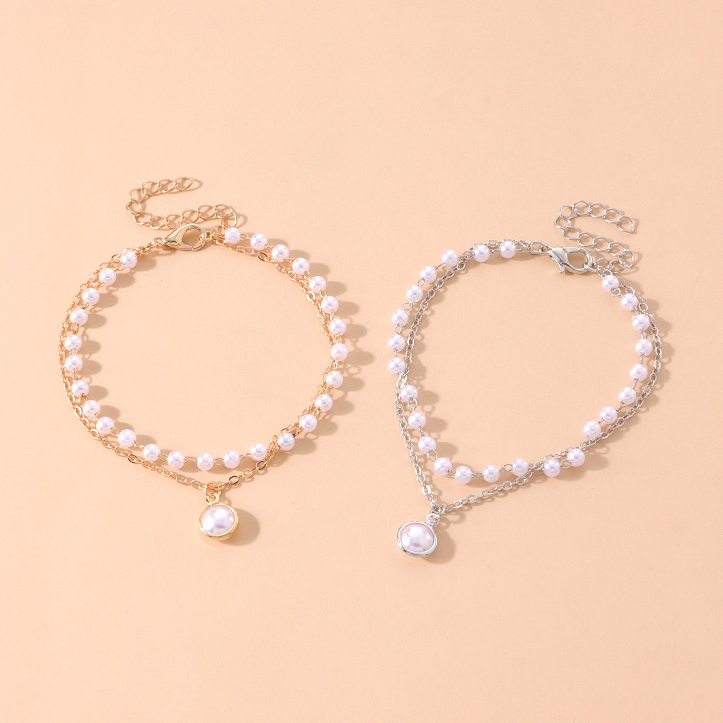 Womens Pearl Bracelet Double Layer Retro Alloy Drop Shape Korean Style Gift Accessory Elegant Everyday Wear Gift