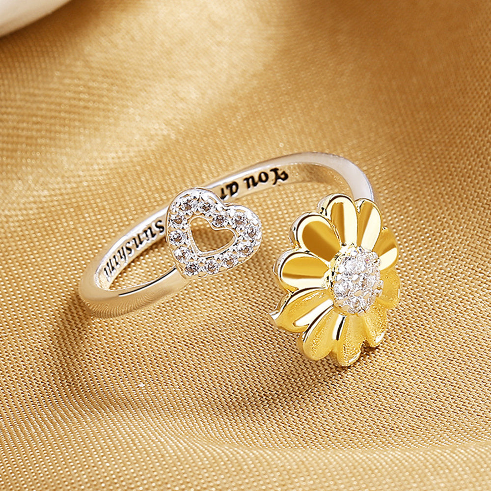 Silver Plated Sunflower Ring Adjustable Open Band Womens Jewelry with Zircon Accent Elegant Everyday Gift Ideas