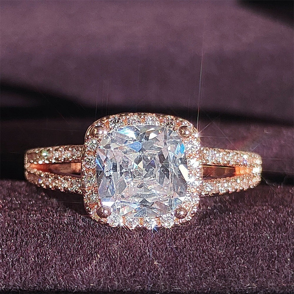 Square Geometry Ring With Colorful Zircon Crystals For Women Copper Band Fashion Jewelry Elegant Sparkling Accessory