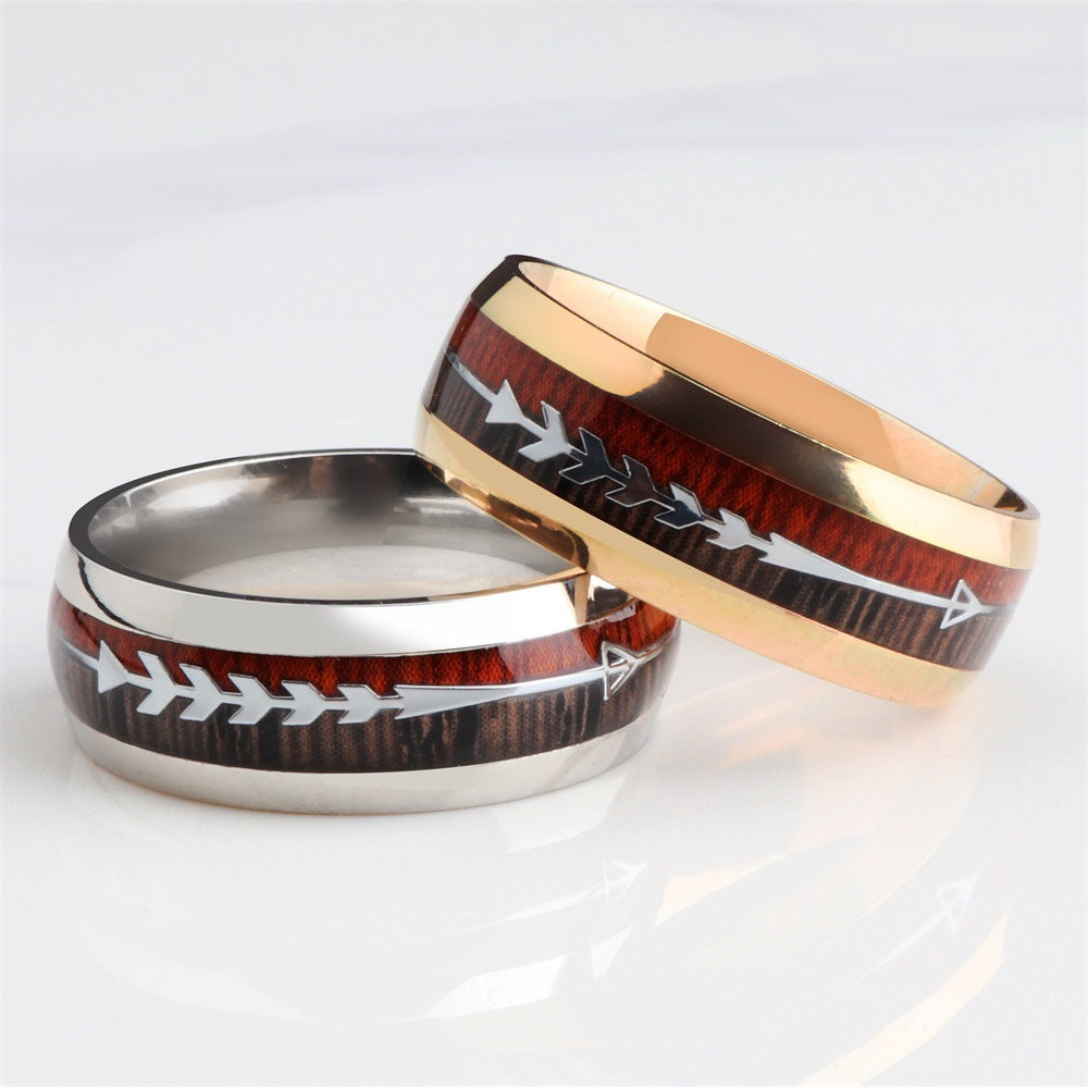 Mens Stainless Steel Ring With Wood Grain Inlay Arrow Design Durable Band For Everyday Wear Jewelry Great Gift