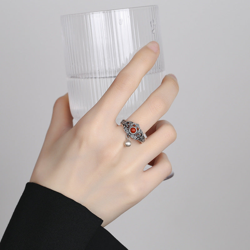 Womens Red Agate Copper Coin Ring Adjustable Water Drop