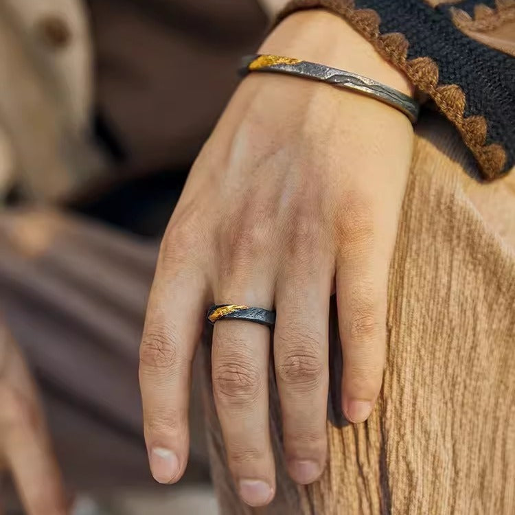 Trendy Sterling Silver Retro Open Mouth Ring Inlaid 24KGold Geometric Fold Chain Unisex Adjustable Chic Style