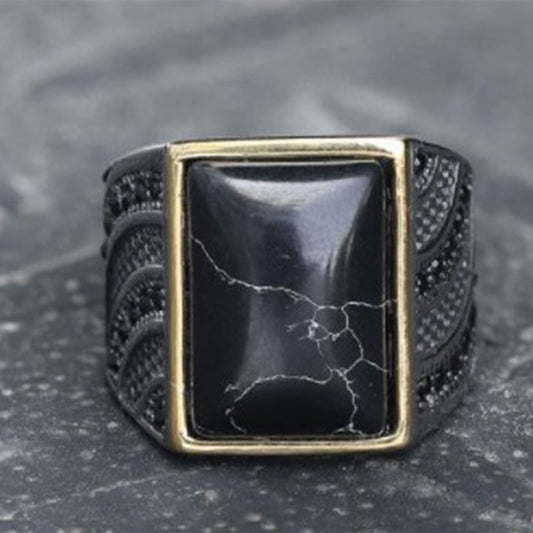 Mens Titanium Steel Ring With Black Turquoise Stone Simple Band Statement Jewelry Gift For Him Fashion RingPro