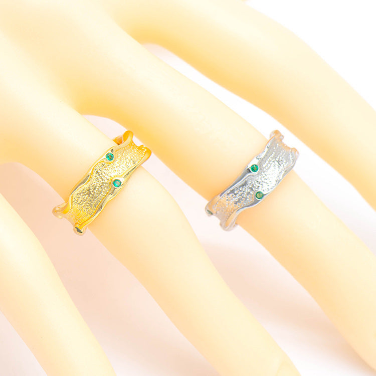 Simple Niche Wave Tin Foil Ring Inlaid With Brick Plating