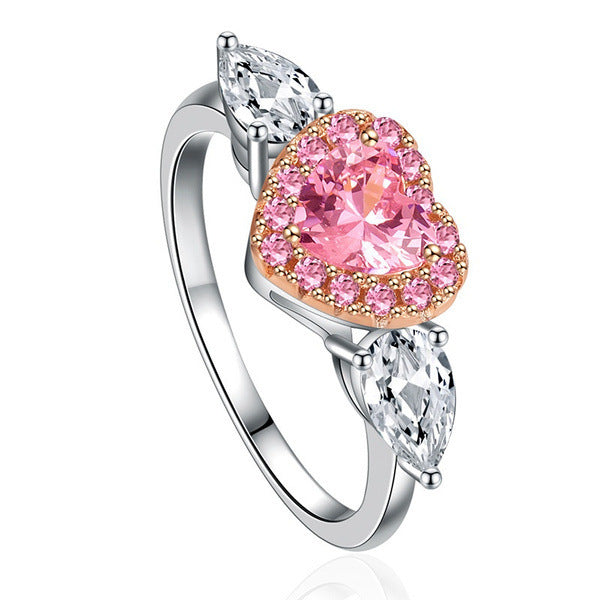Womens Heart Ring With Zircon Gemstone Inlay White Gold Tone Alloy Jewelry Peach Heart Prong Setting For Her Gift