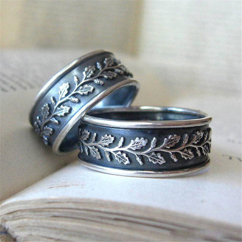 Vintage Silver Leaf Ring Alloy Fashion Jewelry For Men And Women With Gem Inlay Artificial Gemstone Inlay Rings Classic