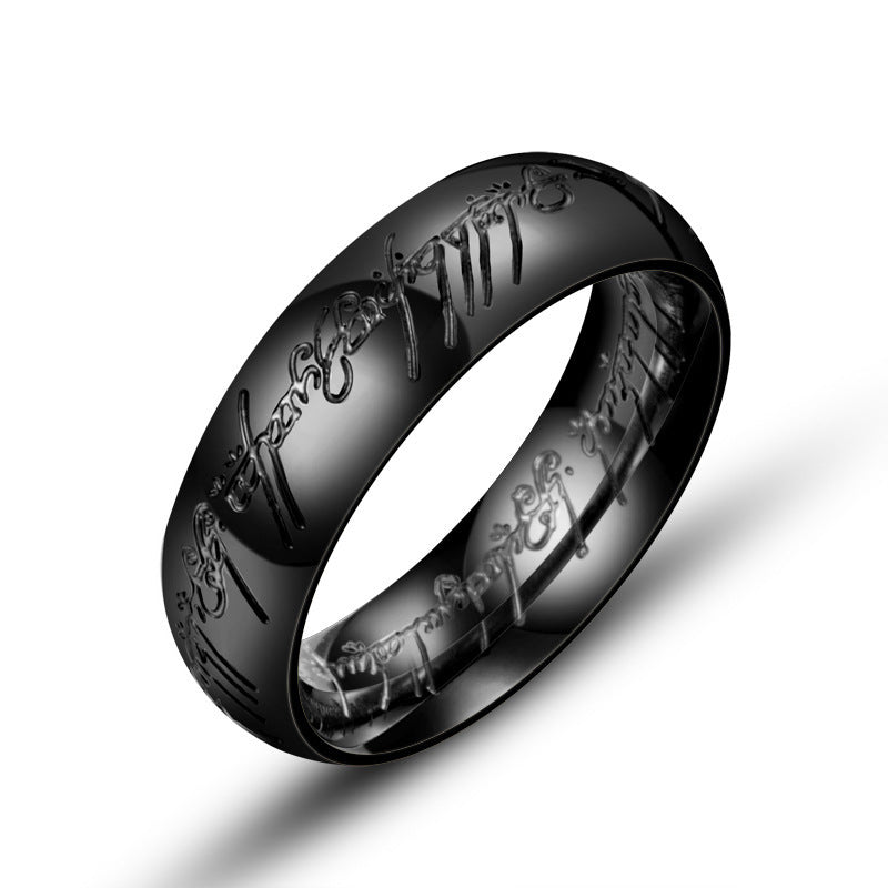 Mens Engraved 24K Gold Plated Stainless Steel Titanium Ring Durable Fashion Jewelry Accessory Lord of the Rings Style