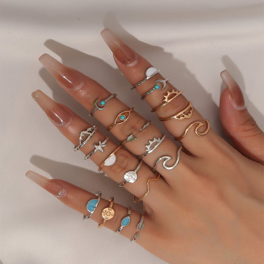 Womens 19 Piece Alloy Ring Set Vintage Sun Eye Moon Design Crown Rings Cupid Arrow Irregular One Size Jewelry Set