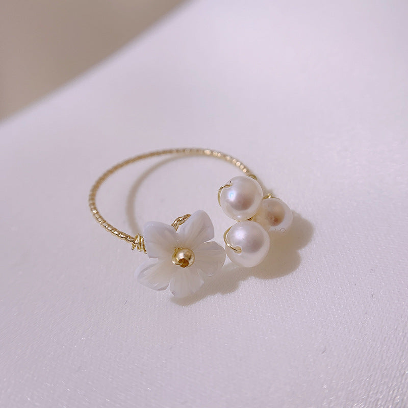 Womens Freshwater Pearl Flower Ring Gold Plated Copper Adjustable Band Elegant Jewelry Everyday Style Gift Now