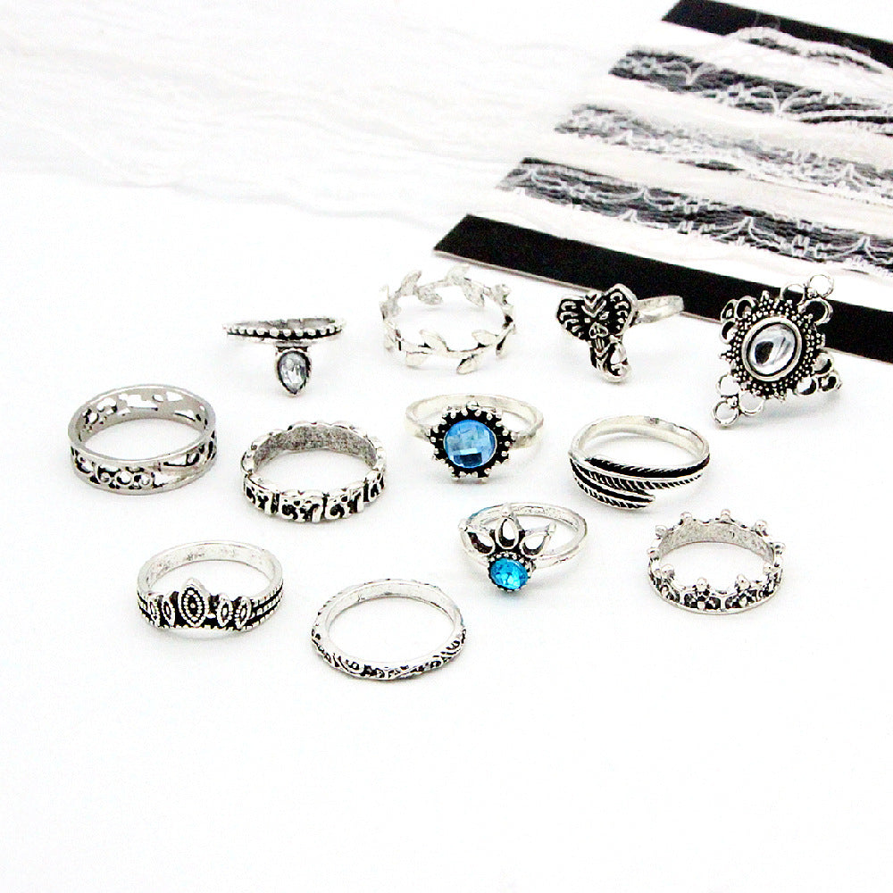 Womens Boho Vintage Gemstone Elephant Rings Alloy Geometric Statement Rings Electroplated Silver Ring Set Boho Ring Set