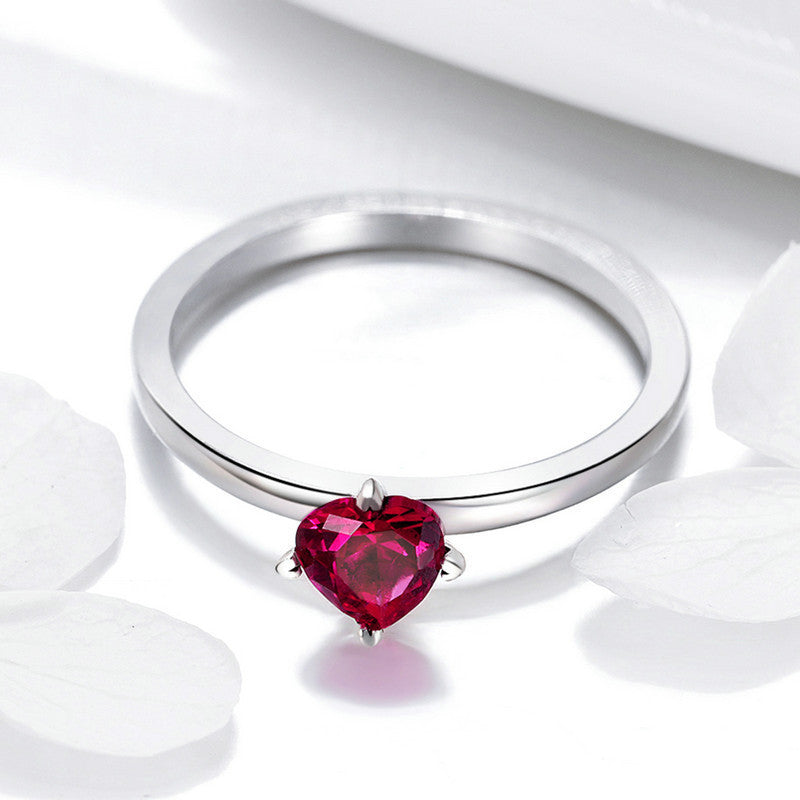 Sterling Silver Heart Ring With Red Zircon Inlay 925 Oxide Finish European Style Jewelry European American Jewelry
