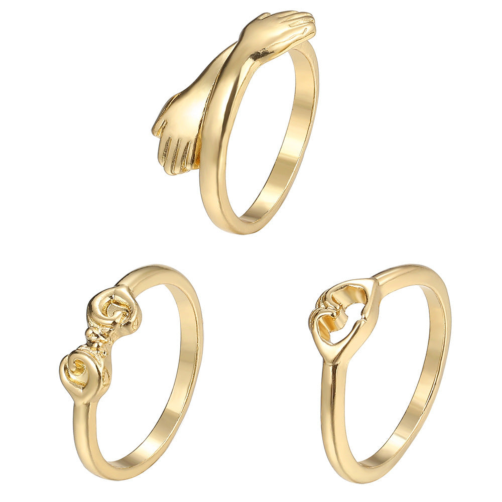 Gold Plated Hug Rings Set Three Piece Alloy Heart Shaped Cartoon Character Jewelry For Women Fashion Accessories